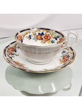 Vintage Royal Albert Crown China England Teacup & Saucer Floral Blue Gold